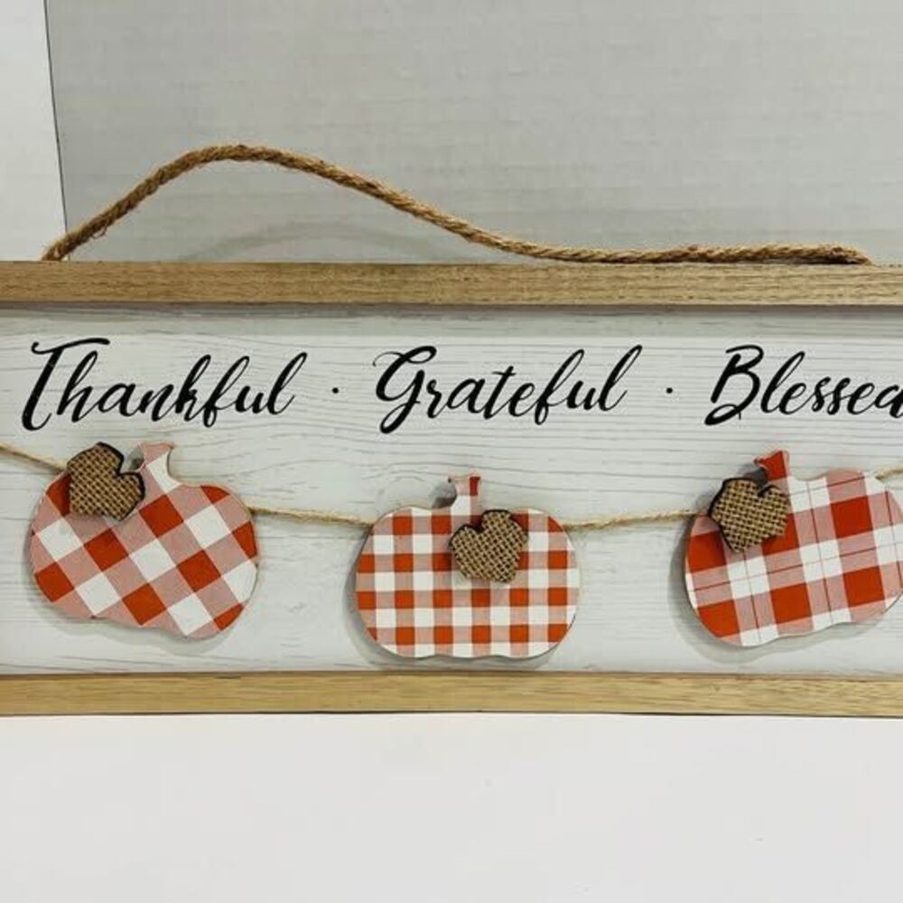 Thankful Grateful Blessed Wall Decor Fall Pumpkin Home Signs Approx 16” x 7”
